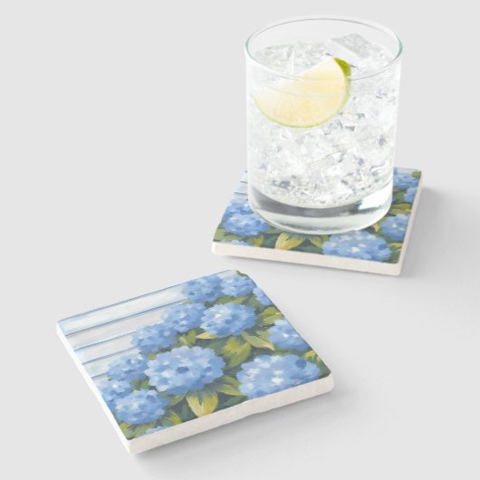 Dessous-de-verre En Pierre Peinture florale d'arbustes d'hortensias bleus (Côté)