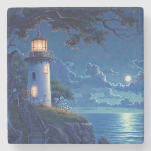 Dessous-de-verre En Pierre Peinture numérique d'un phare au clair de lune