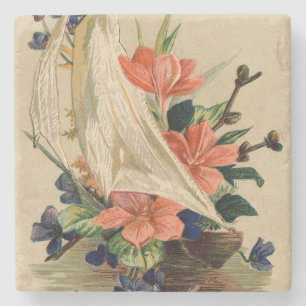 Dessous-de-verre En Pierre Peinture vintage - Fleurs dans un voilier.