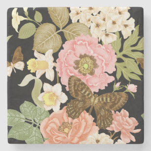 Dessous-de-verre En Pierre Peonies Roses vintages : Motif Floral Noir
