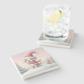 Dessous-de-verre En Pierre Petit chiot de Noël en chapeau santa (Côté)