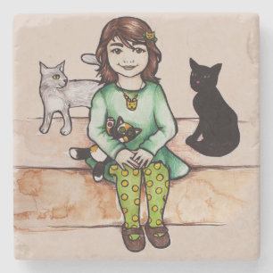 Dessous-de-verre En Pierre Petite fille avec chats