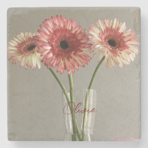 Dessous-de-verre En Pierre Photo Happy Gerbera Rose Flower +Custom Name