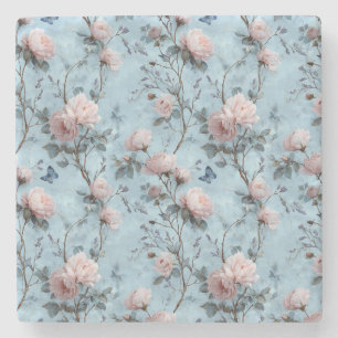 Dessous-de-verre En Pierre Pivoines de printemps vintage sur fond bleu