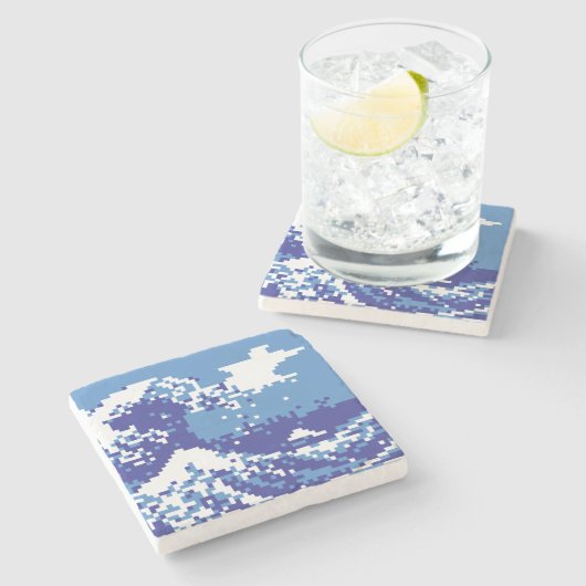 Dessous-de-verre En Pierre Pixel Tsunami bleu 8 bits Pixel Art (Côté)