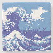 Dessous-de-verre En Pierre Pixel Tsunami bleu 8 bits Pixel Art (Devant)