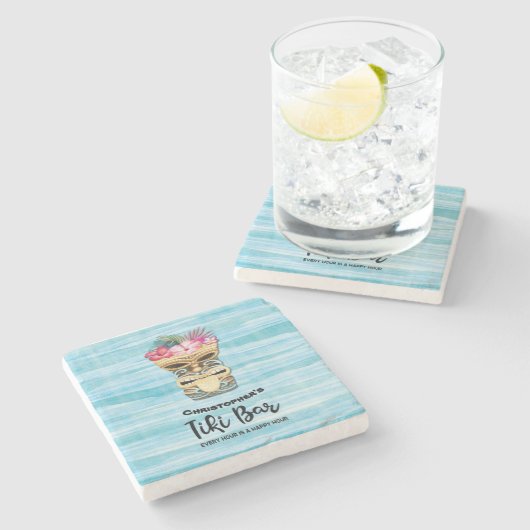 Dessous-de-verre En Pierre Plage Rétro Tiki Bar Monogramme (Côté)