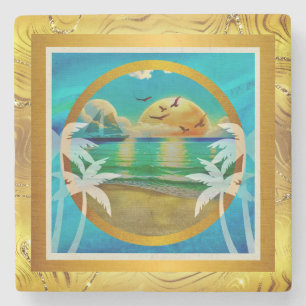 Dessous-de-verre En Pierre Plage Tropicale Moderne Palmiers Coucher de Soleil