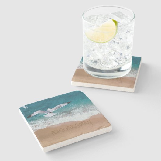 Dessous-de-verre En Pierre Plage Vibes Sable Écriture Seagull Plage Côte (Côté)
