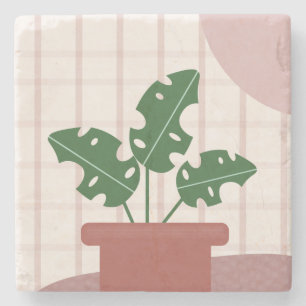 Dessous-de-verre En Pierre Plantes Monstera Fond à Carreaux en Terracotta Ros
