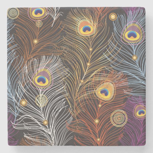 Dessous-de-verre En Pierre Plumes de paon doré : motif foncé. (Devant)