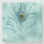 Dessous-de-verre En Pierre Plumes Peacock Gold Glitz Aqua (Devant)