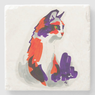 Dessous-de-verre En Pierre Portrait de chat - Art Graphique Gras Orange et Vi