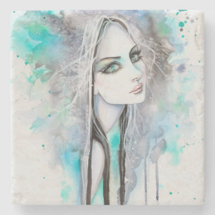 Dessous-de-verre En Pierre Portrait moderne de fille d'art gothique aquarelle