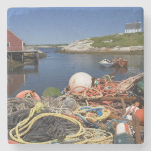 Dessous-de-verre En Pierre Pots de homard, bouées et cordes sur le quai