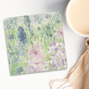 Dessous-de-verre En Pierre Prairie de fleurs bleues violettes à l'aquarelle s