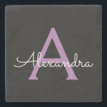 Dessous-de-verre En Pierre Purple Black Script Girl Nom du monogramme<br><div class="desc">Noir et violet Simple Script Monogramme Nom Carrelage en pierre. Cela rend la remise de diplômes parfaite,  doux 16 ans,  mariage,  douche nuptiale,  anniversaire,  baby shower ou cadeau de fête de bachelorette pour quelqu'un qui aime le luxe glam et les styles chic.</div>