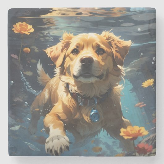 Dessous-de-verre En Pierre Récipiendaire doré nage avec Fleurs (Devant)