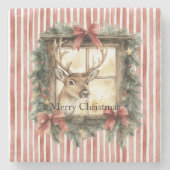 Dessous-de-verre En Pierre Red Stripes Bows Christmas Deer in Window (Devant)