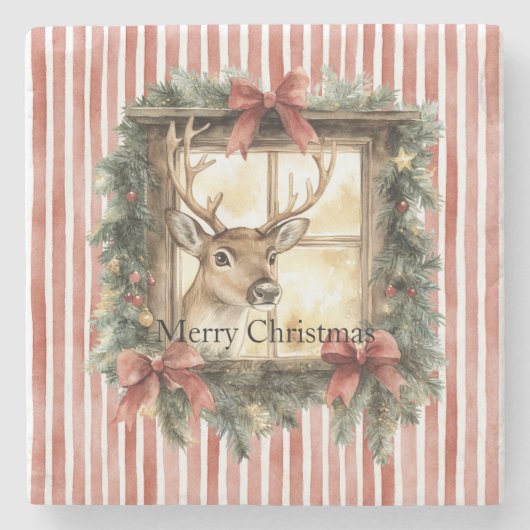 Dessous-de-verre En Pierre Red Stripes Bows Christmas Deer in Window (Devant)