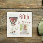 Dessous-de-verre En Pierre Red Wine Rose Watercolor Photo 60th Birthday<br><div class="desc">Rustic Red Wine Glass Rose Watercolor Photo 60th Birthday Stone Coaster. The design has watercolor red wine glass,  roses and twigs. The text is fully customizable - personalize it with your photo and age.</div>