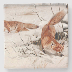 Dessous-de-verre En Pierre Renards roux dans la neige hivernale (par Wilhelm