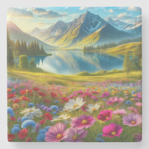Dessous-de-verre En Pierre Ressort coloré/lac de montagne fleuri