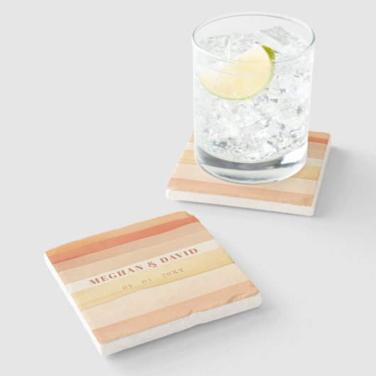 Dessous-de-verre En Pierre Rétro Aquarelle Stripes Terracotta Orange Mariage (Côté)