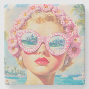 Dessous-de-verre En Pierre Retro Beach Girl avec lunettes de soleil florales