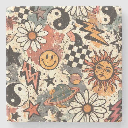 Dessous-de-verre En Pierre Retro Groovy Smiley Sun Daisy Psychedelic Pattern (Devant)