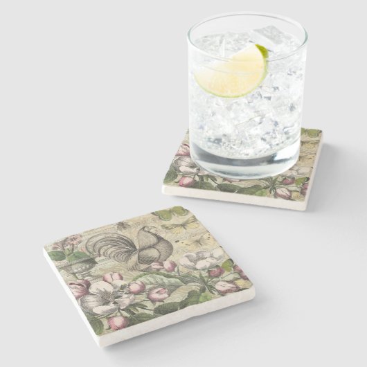 Dessous-de-verre En Pierre Rooster Garden Flower Papillon Art (Côté)