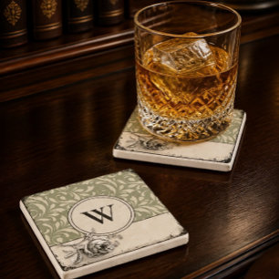 Dessous-de-verre En Pierre Rose damasque vert sauge monogramme gothique