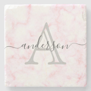 Dessous-de-verre En Pierre Rose et Marbre blanc Script monographique