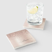 Dessous-de-verre En Pierre Rose Rose Or brossé Métal Nom du monogramme (Côté)