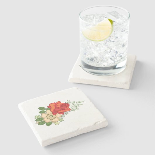 Dessous-de-verre En Pierre Rose rouge et marguerites (Côté)