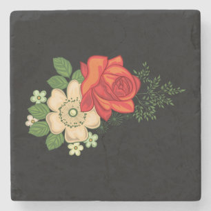 Dessous-de-verre En Pierre Rose rouge et marguerites sur fond noir