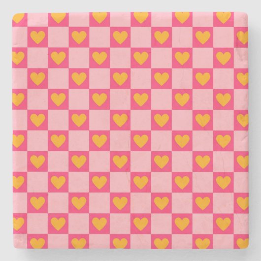 Dessous-de-verre En Pierre Rose rouge jaune coeur amour À damiers Y2K Motif (Devant)