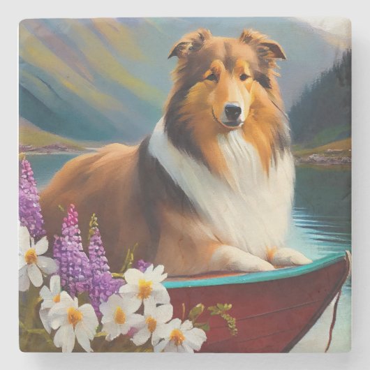 Dessous-de-verre En Pierre Rough Collie sur une pagaie : une aventure Pittore (Devant)