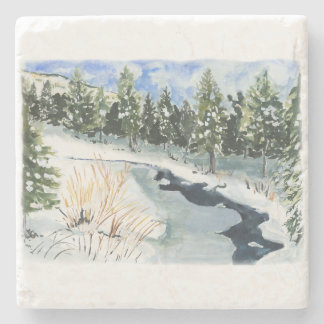 Dessous-de-verre En Pierre ruisseau de montagne en hiver sur un dessous de ve