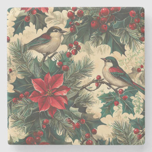 Dessous-de-verre En Pierre Rustic Bird et Poinsettia Motif de Noël (13)
