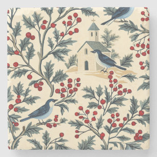 Dessous-de-verre En Pierre Rustic Bird et Poinsettia Motif de Noël (19)