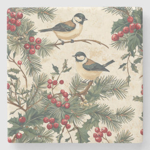 Dessous-de-verre En Pierre Rustic Bird et Poinsettia Motif de Noël (8)