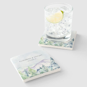 Dessous-de-verre En Pierre Rustique Aquarelle Montagnes Pine Mariage d'hiver