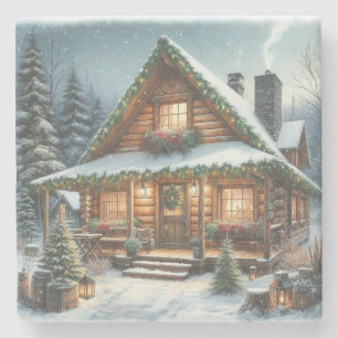 Dessous-de-verre En Pierre Rustique hiver/Noël cabine enneigé