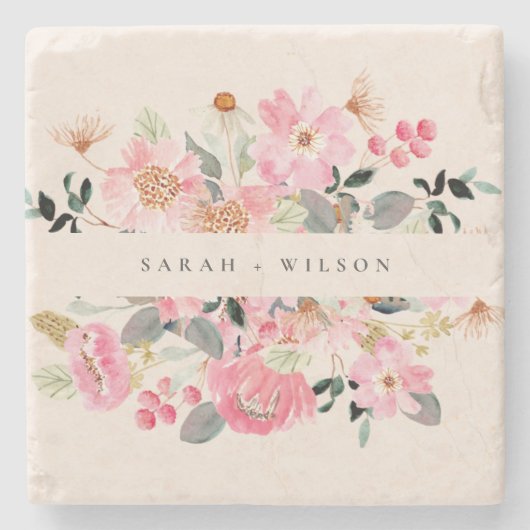 Dessous-de-verre En Pierre Rustique vif rose Aquarelle rose Mariage Floral (Devant)