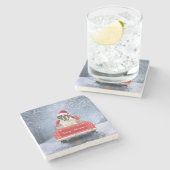 Dessous-de-verre En Pierre Saint Bernard Dog en Neige assis Camion de Noël (Côté)