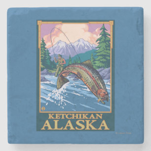 Dessous-de-verre En Pierre Scène de pêche de mouche - Ketchikan, Alaska