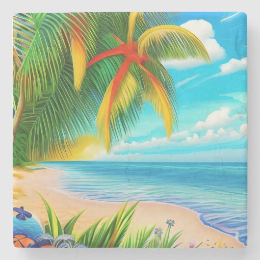 Dessous-de-verre En Pierre Scène Tropical Beach Palm Tree (Devant)
