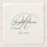 Dessous-de-verre En Pierre Script noir et gris fantaisie Monogramme<br><div class="desc">Dans l'exemple de photo pour ce dessous de verre en pierre, j'ai créé une version customisée pour montrer une petite variété pour le style de police. Mariage anniversaire dessous de verre élégant avec un monogramme minimaliste couple dans un script de calligraphie sophistiqué en gris et noir. Customiser la taille de...</div>