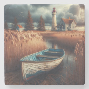 Dessous-de-verre En Pierre Sérénité côtière : Phare et bateau à moteur